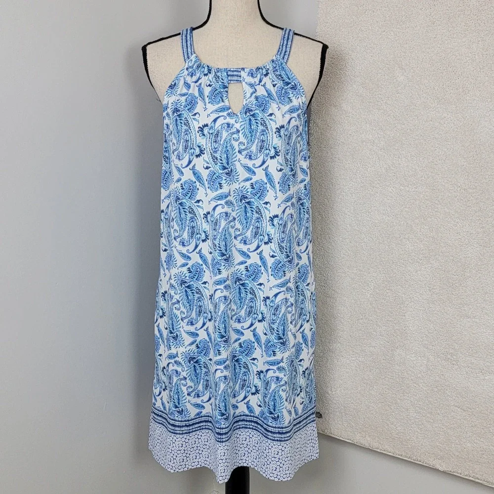 Cabana Life Women's L Blue White Paisley Sleeveless Halter Shift Travel Dress - Picture 3 of 12